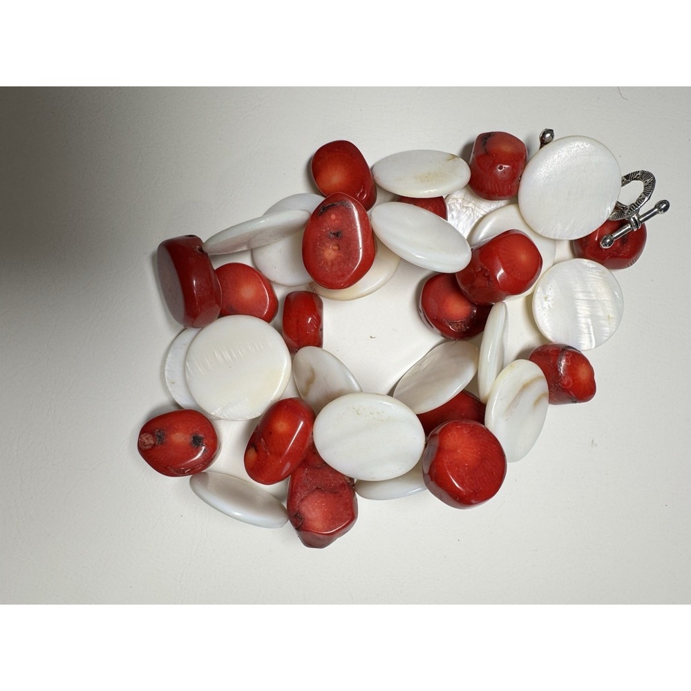 VTG Natural Red Coral Chunky Necklace 22"White MOP Disc Beads & Bracelet Set - Picture 15 of 16